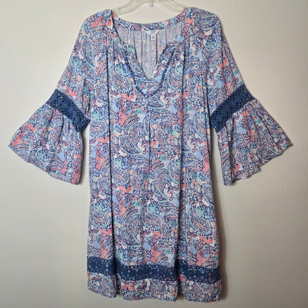Crown & Ivy Womens XL Paisley Bell Sleeve Crochet Trim Shift Dress Blue Pink